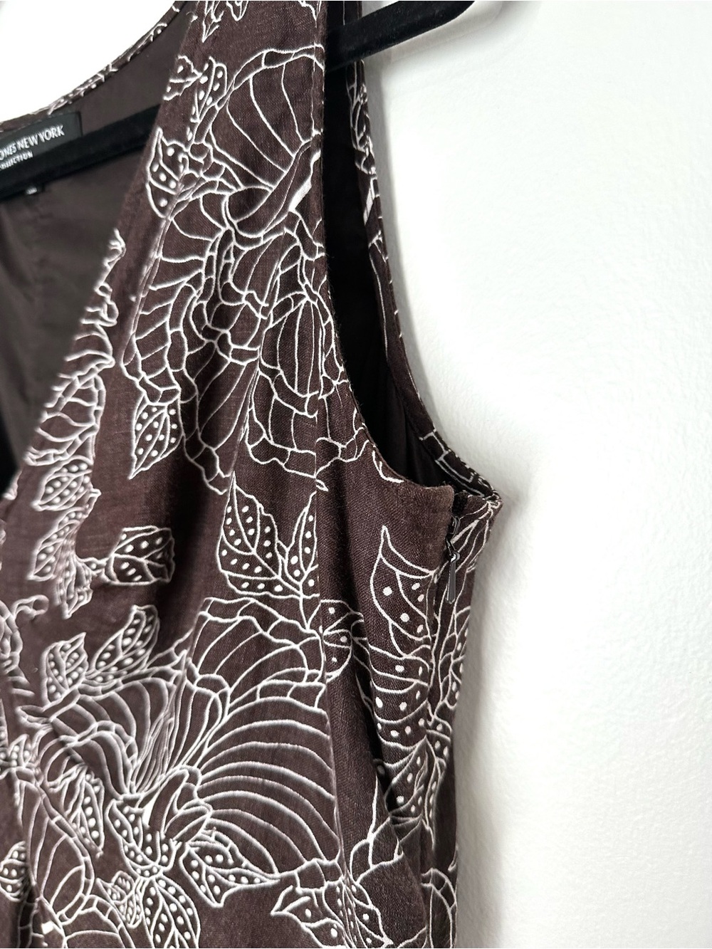Vintage 100% Linen Chocolate Brown Floral Midi Dress Coastal Comfort Minimalist - Picture 11 of 12